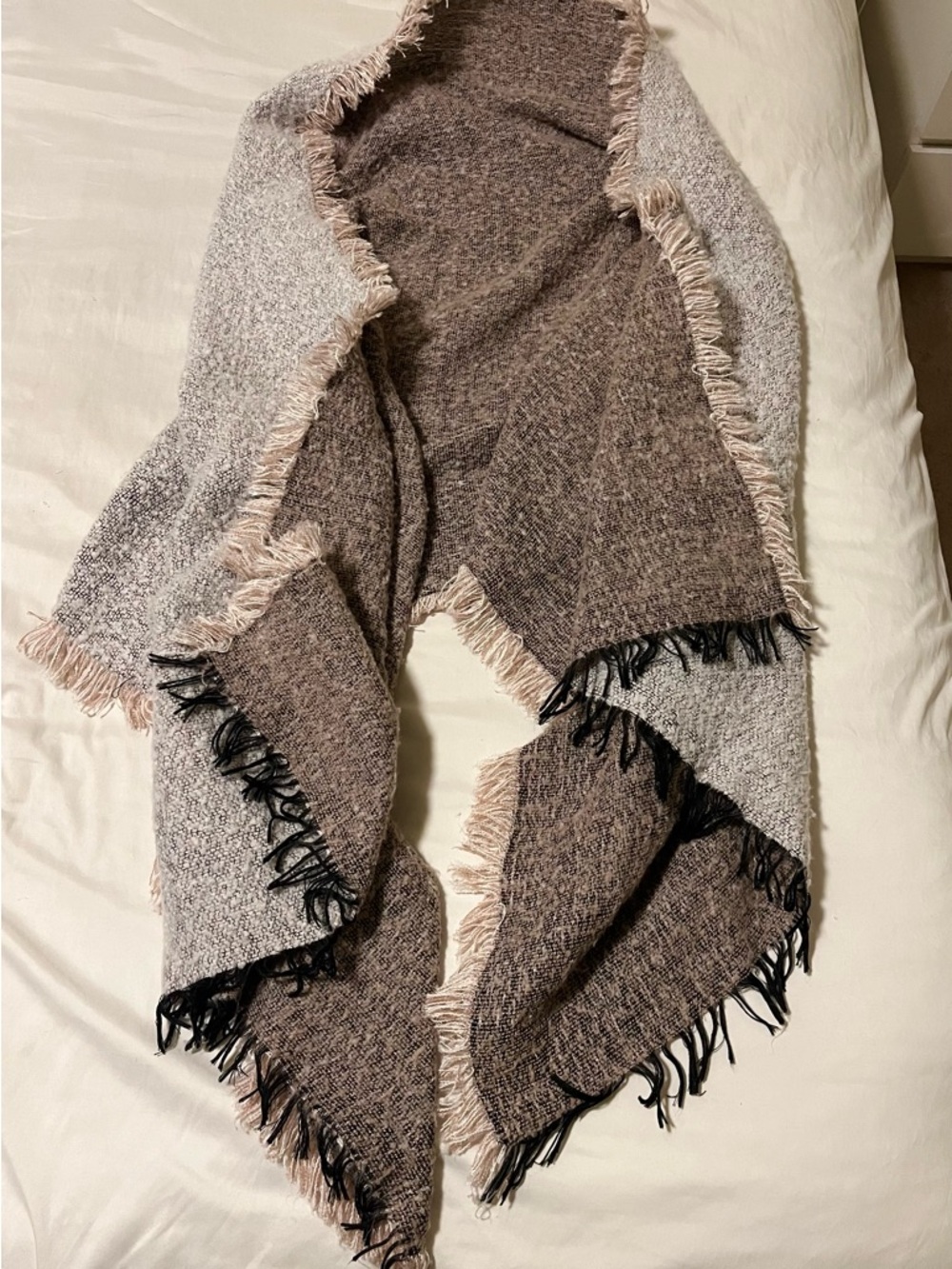 Cozy Fringe Knit Wrap - Taupe, Cream & Black